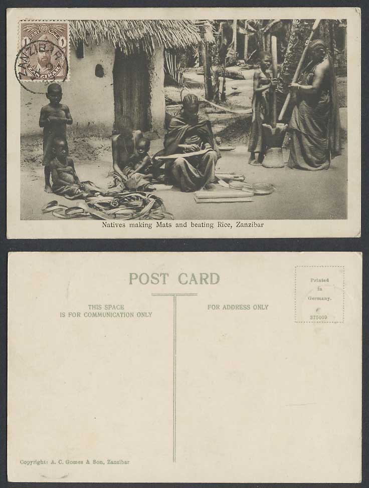 Zanzibar 1c 1929 Old Postcard Natives Making Mats and Beating Rice Pestle Mortar