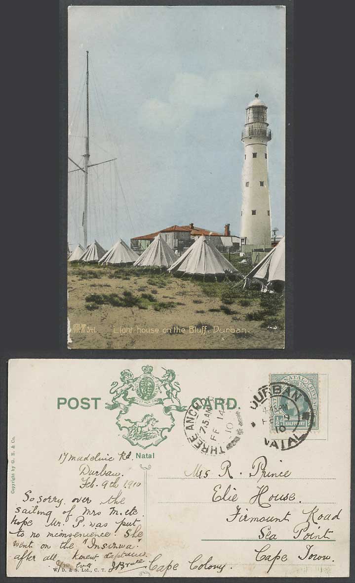 South Africa KE7 1/2d 1910 Old Postcard Durban Lighthouse Light House, The Bluff