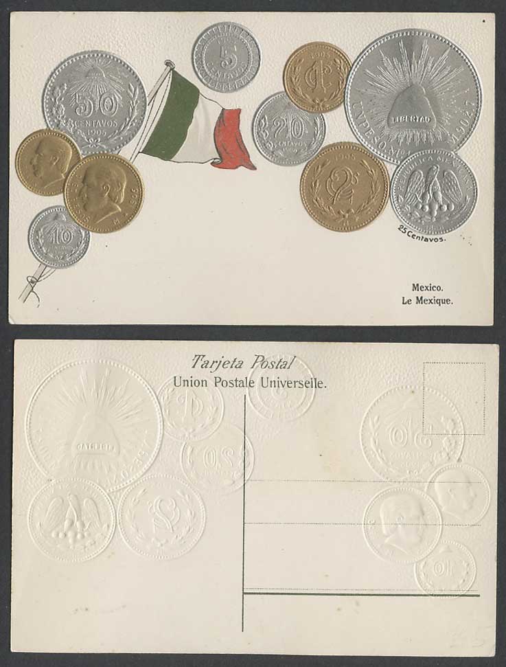 Mexico Vintage Mexican Coins Pesos Flag Coin Card Le Mexique Old Emboss Postcard