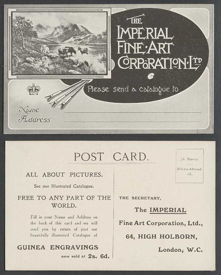 Imperial Fine Art Corporation Ltd London WC Highland Cattle Adverts Old Postcard