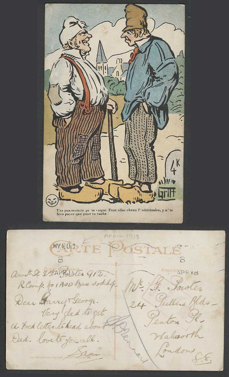 Griff Artist Signed Censored 1918 Old Postcard Veterinary Surgeon Pay for Ur Cow
