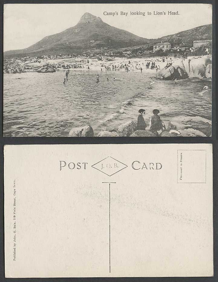 South Africa Camp's Bay Looking to Lions Head Bathers Bathing Beach Old Postcard
