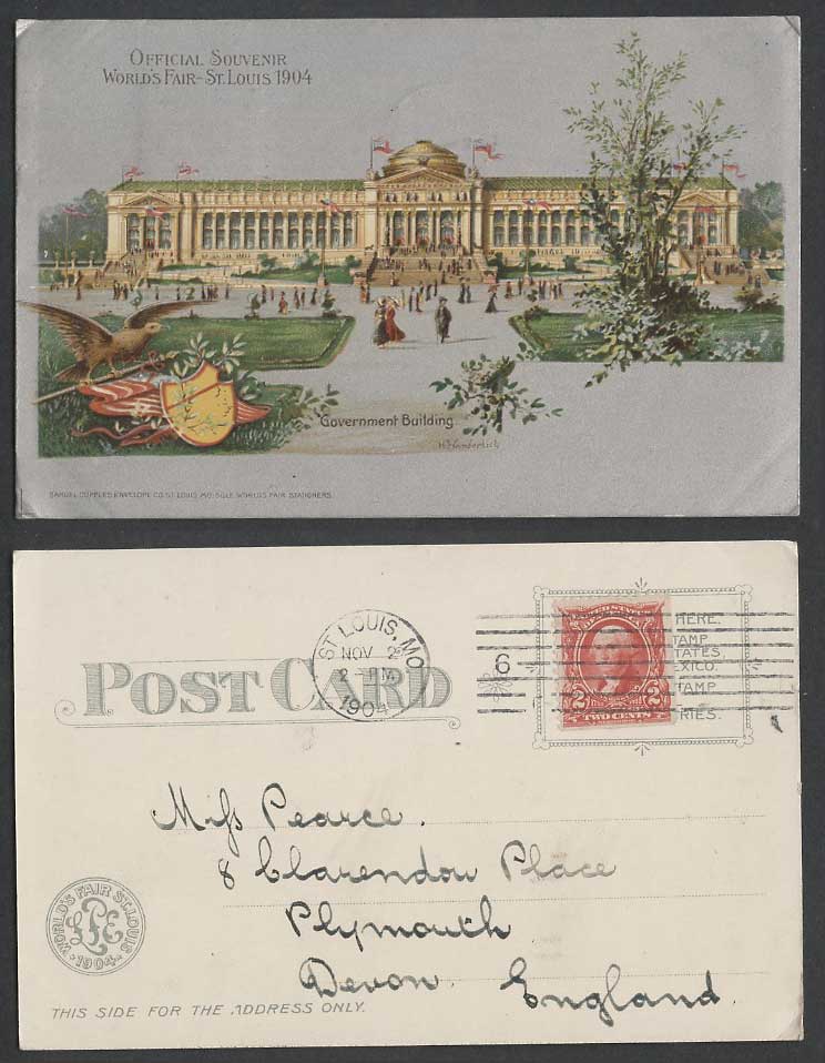 H. Wunderlich 1904 Old Postcard World's Fair St. Louis Government Building, Bird