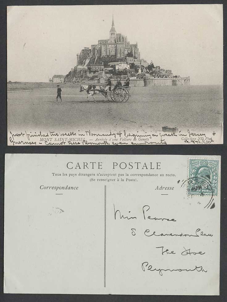 France 1904 Old Postcard Mont Saint-Michel, Horse Cart Arrival Voiture de Genets