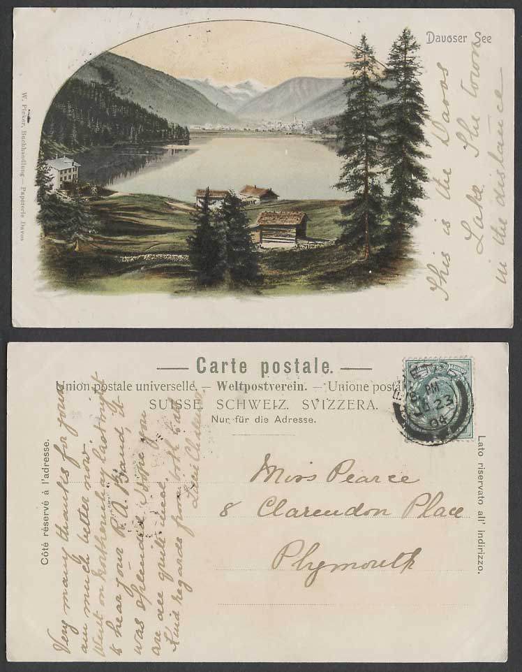 Switzerland GB KE7 1/2d 1904 Old U.B. Postcard Davoser See, Davos Lake, Panorama