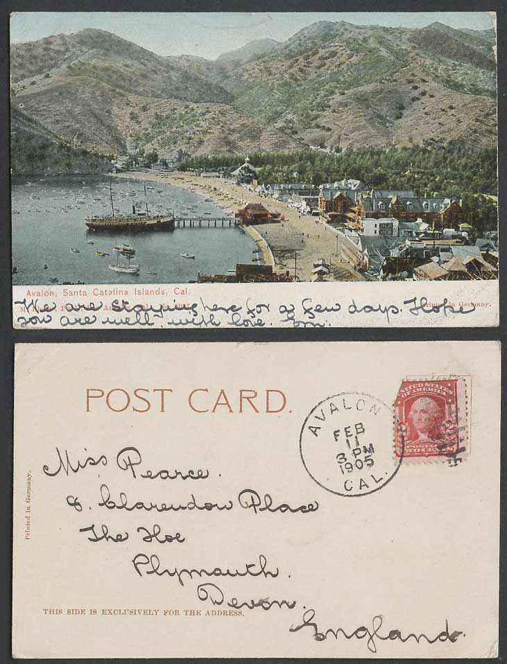 USA Santa Catalina Island Avalon Beach Harbour Pier Ship California Old Postcard