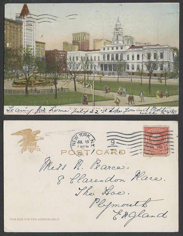 USA 1903 Old Postcard City Hall New York, Park Fountain Clock Tower Street Scene