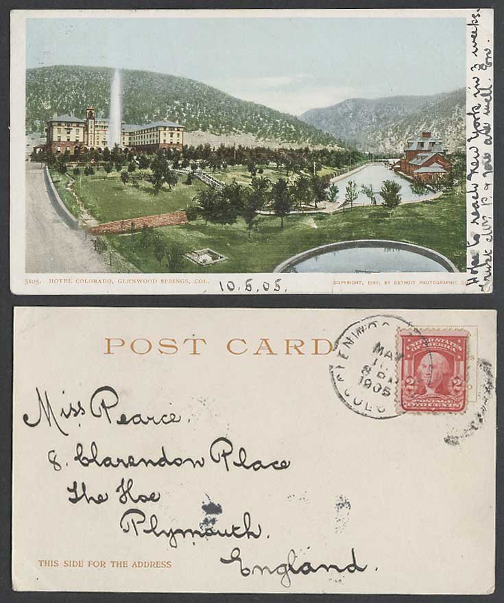 USA 2c 1905 Old UB Postcard Hotel Colorado Glenwood Springs Fountain Street Hill