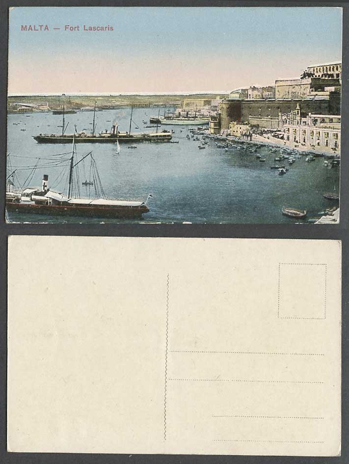 Malta Old Postcard FORT LASCARIS Red Cross Steamer Berger Wilhelm, Boats Harbour