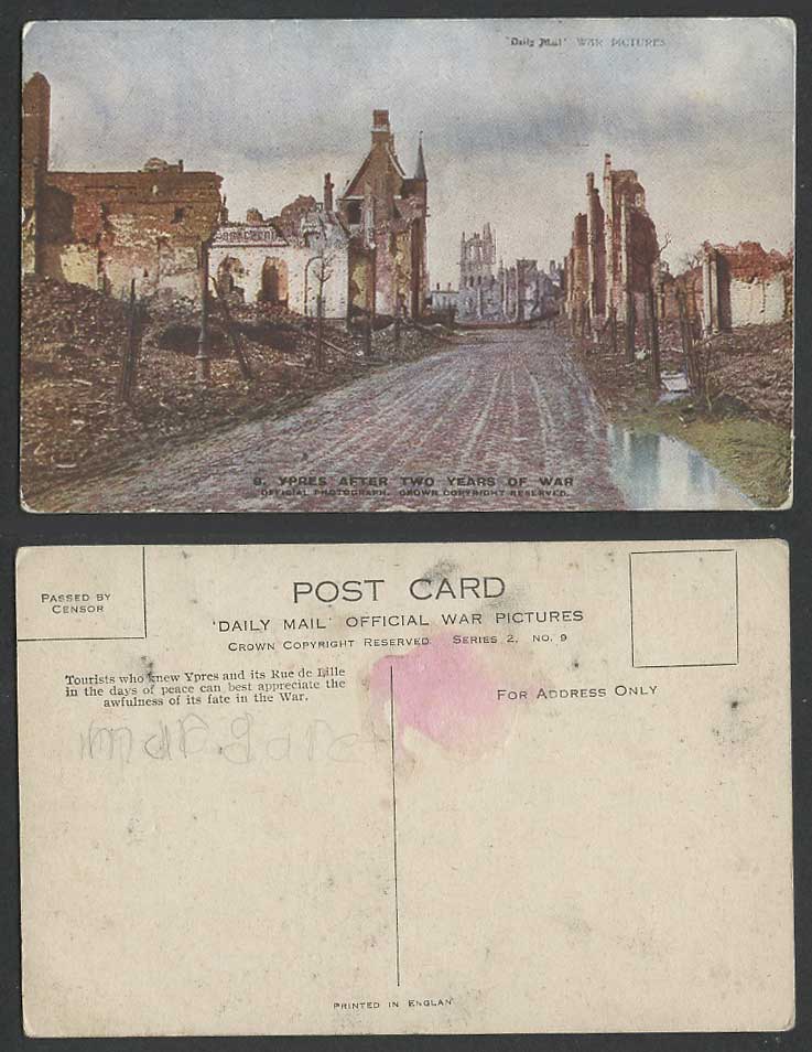 WW1 Official Daily Mail Old Colour Postcard YPRES after 2 Two Years of War Ruins