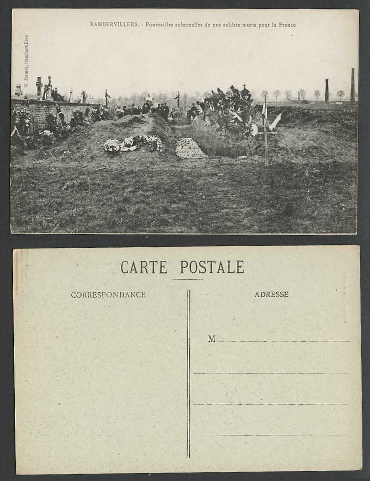 WW1 Ruins Rambervillers, Solemn Funeral of Our Dead Soldiers France Old Postcard
