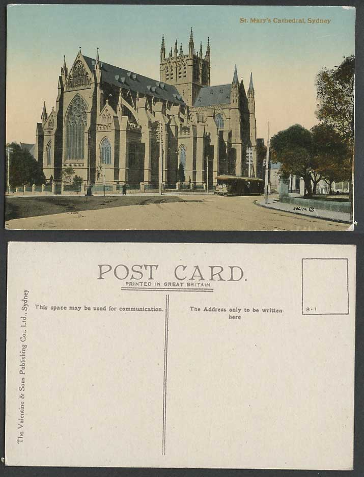 Australia Old Colour Postcard Sydney St. Mary's Cathedral, TRAM Street Scene NSW