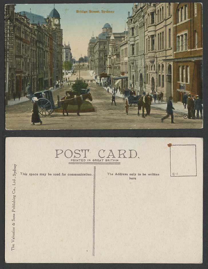 Australia Old Postcard Sydney Bridge Street Scene, Horse Drawn Cart Clock N.S.W.