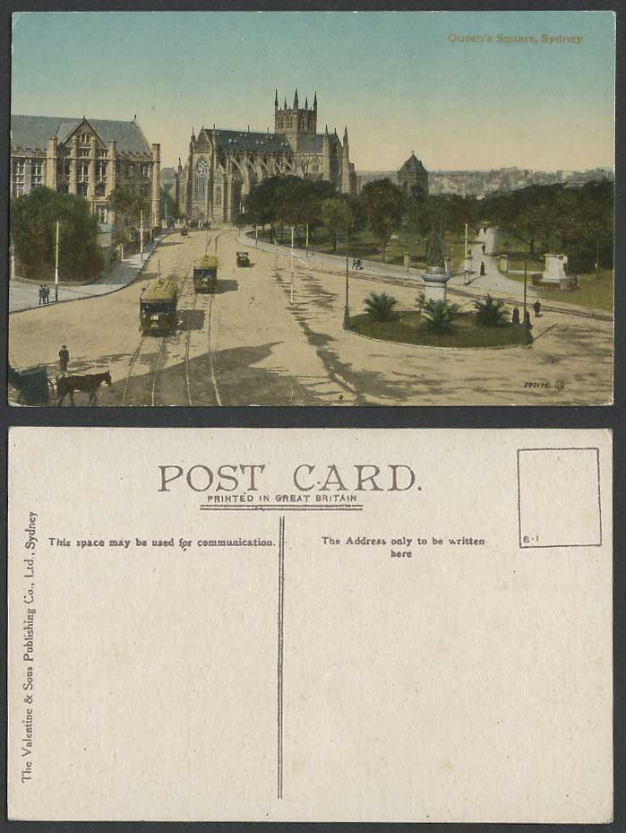 Australia Old Postcard Sydney Queen's Square Street TRAM St Mary's Cathedral NSW