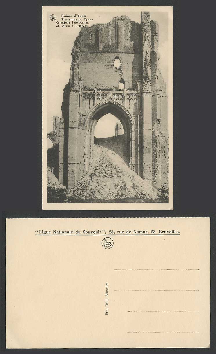 WW1 Ruins Old Postcard Ypres St. Martin's Cathedral Cathedrale Saint-Martin Gate