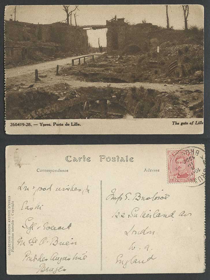 Belgium 10c 1920 Old Postcard YPRES Porte de Lille The Gate of Lille Ruins Roads