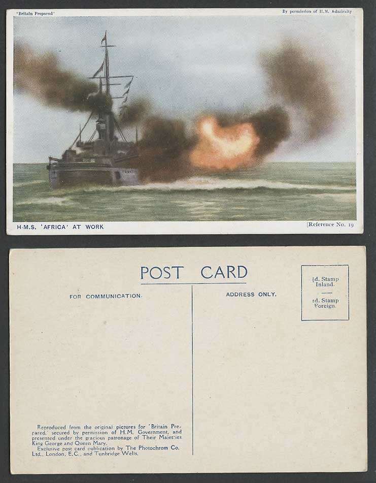 WW1 HMS AFRICA at Work in Action Old Postcard Military Vessel Warship Battleship