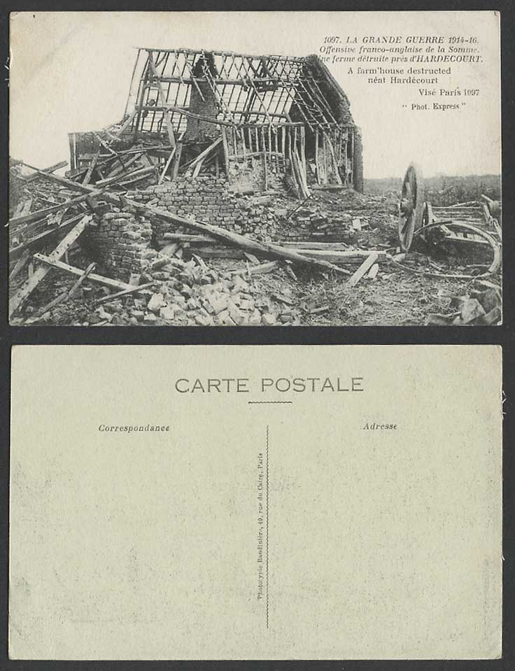 WW1 Ruins Hardecourt A Farm House Destructed, Franco-Anglaise Somme Old Postcard