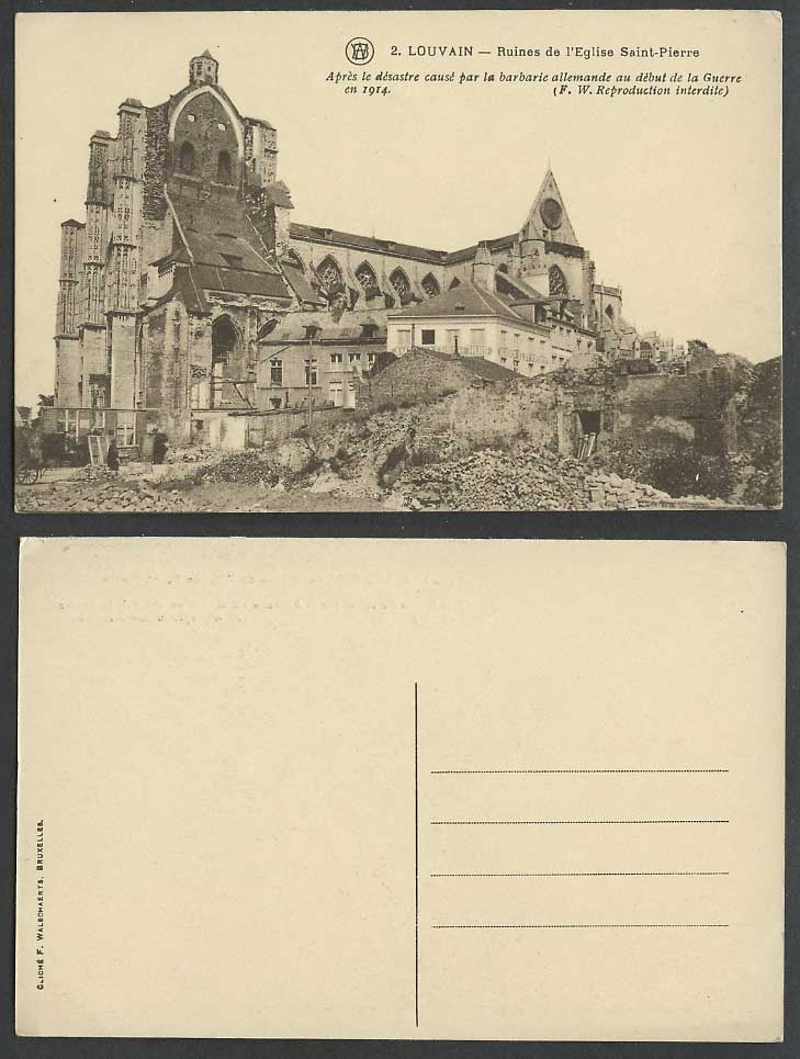 WW1 Ruins Ruines de Eglise Saint-Pierre Church Louvain Belgium 1914 Old Postcard