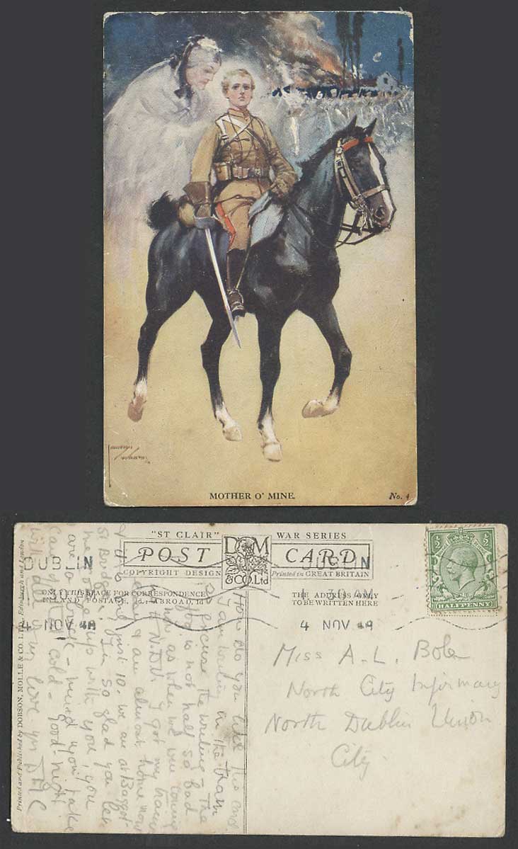 Lawson Wood Artist Signed 1918 Old Postcard Mother O'Mine Soldier Horse War Fire