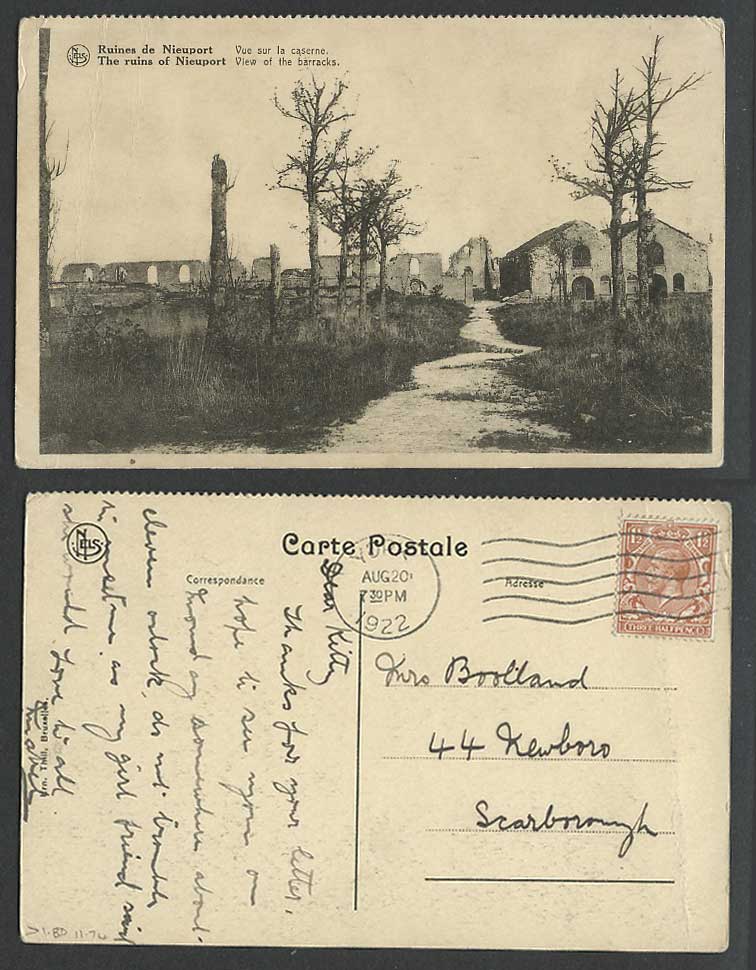 Belgium 1922 Old Postcard Nieuport Ruins, View of the Barracks, Military Barrack