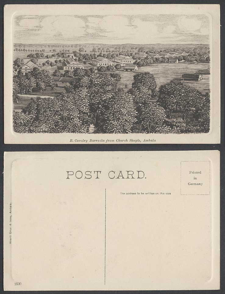India Old Embossed Postcard B. Cavalry Barracks from Church Steeple, Ambala 1630