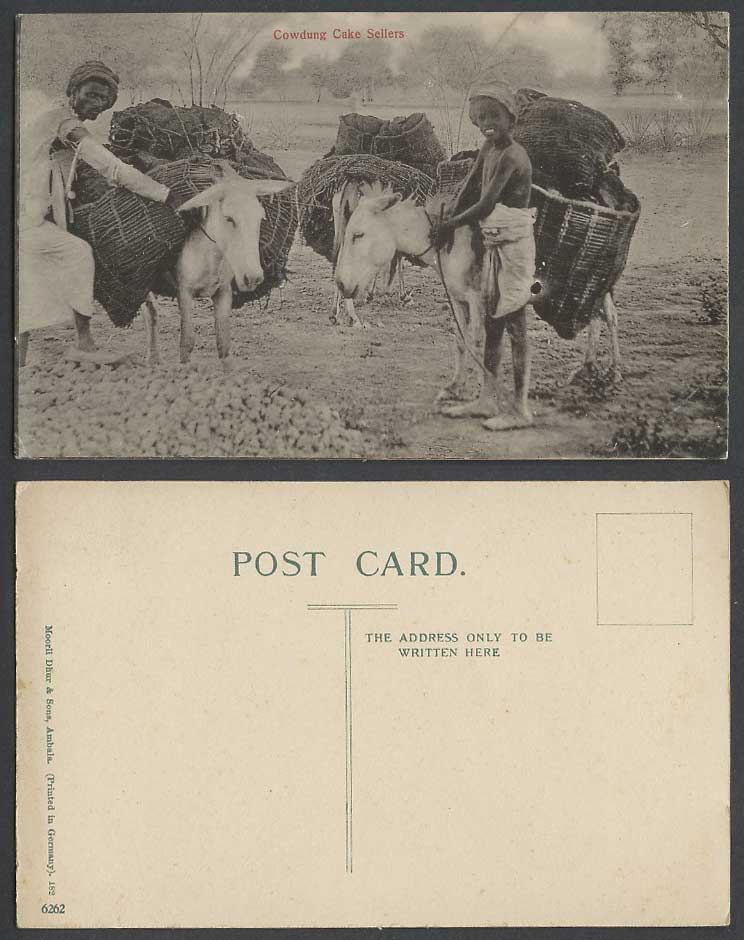 India Old Postcard Native COWDUNG CAKE SELLERS Donkey Mule Cow Dung Ethnic Life