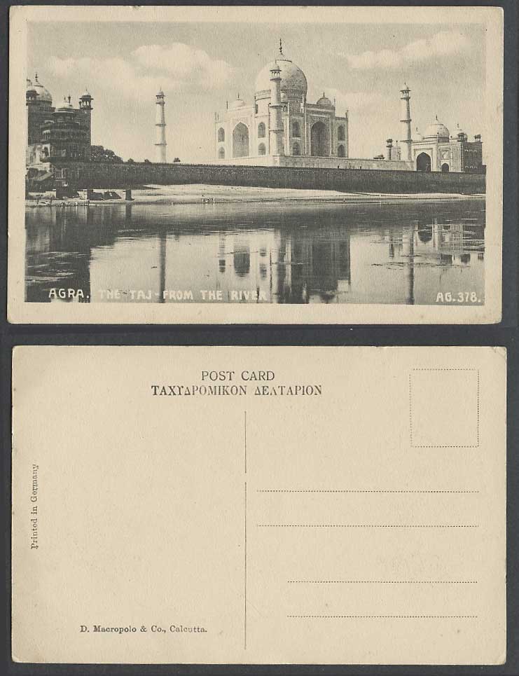 India Old Postcard Agra, TAJ MAHAL from The River Scene, D. Macropolo Co. AG.378