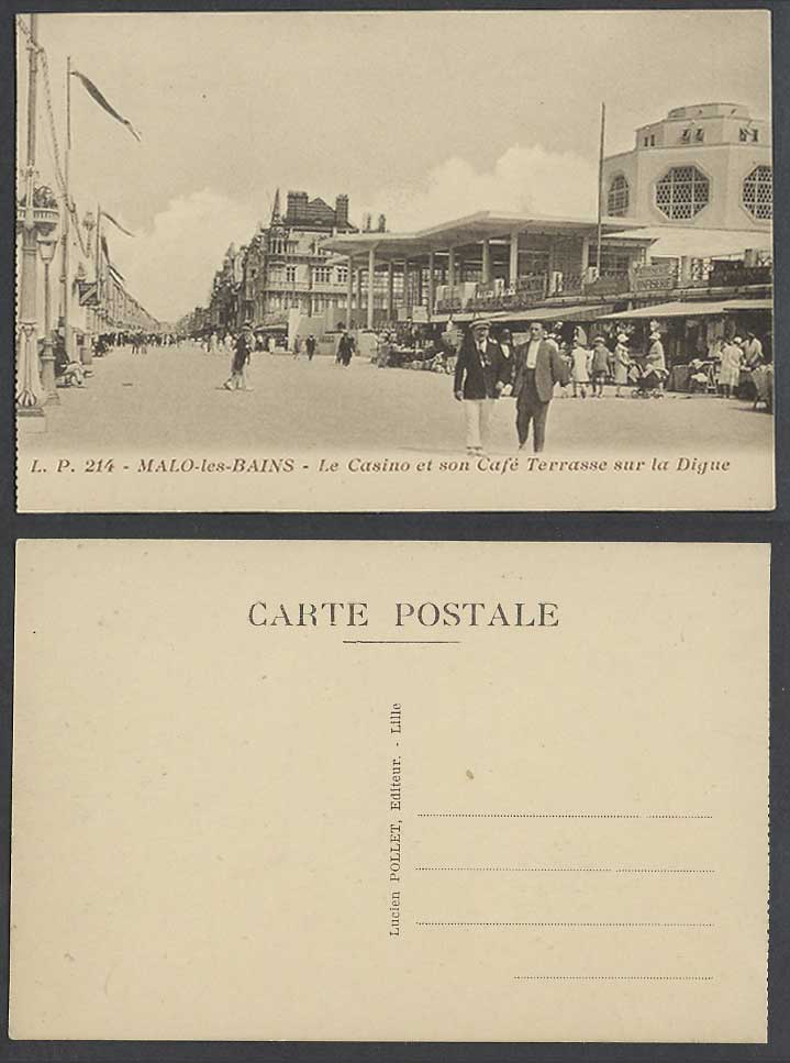 France Malo-les-Bains Casino, Cafe, Terrasse, La Digue Street Scene Old Postcard