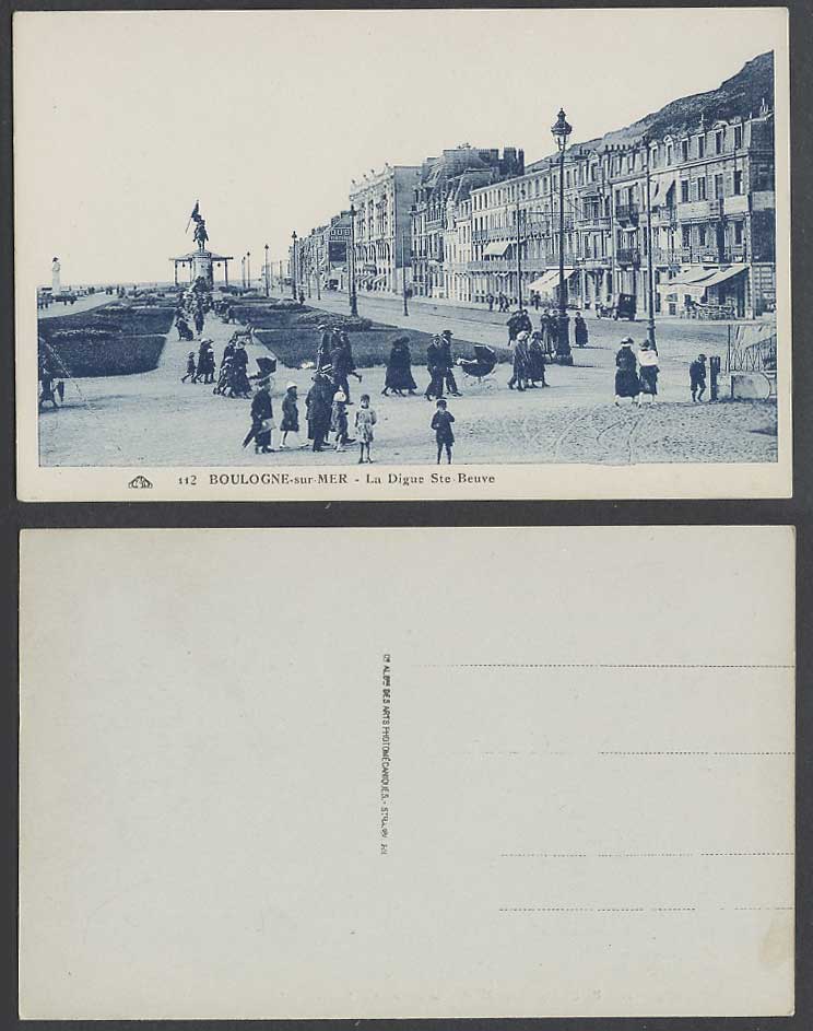France, Boulogne-sur-Mer, La Digue Ste-Beuve Street Statue Children Old Postcard