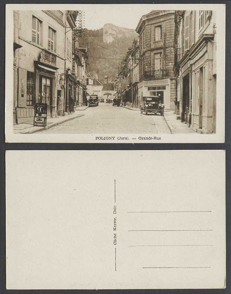 France Old Postcard Poligny Jura Grande Rue Street Scene Vintage Motor Cars Shop