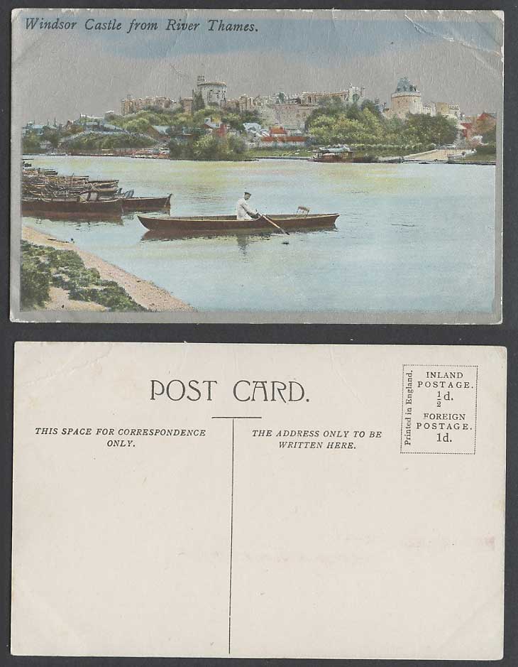 Windsor Castle from The Thames River, Man Rowing a Boat Canoe Old Postcard Boats