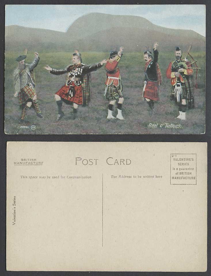 Reel of Tulloch Dance Scottish Dancer Men Dancing Costumes Bagpipes Old Postcard