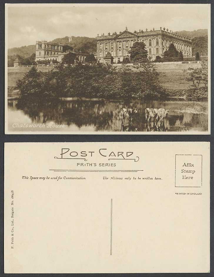 Derbyshire Chatsworth House West Front from River Cow Cattle Friths Old Postcard