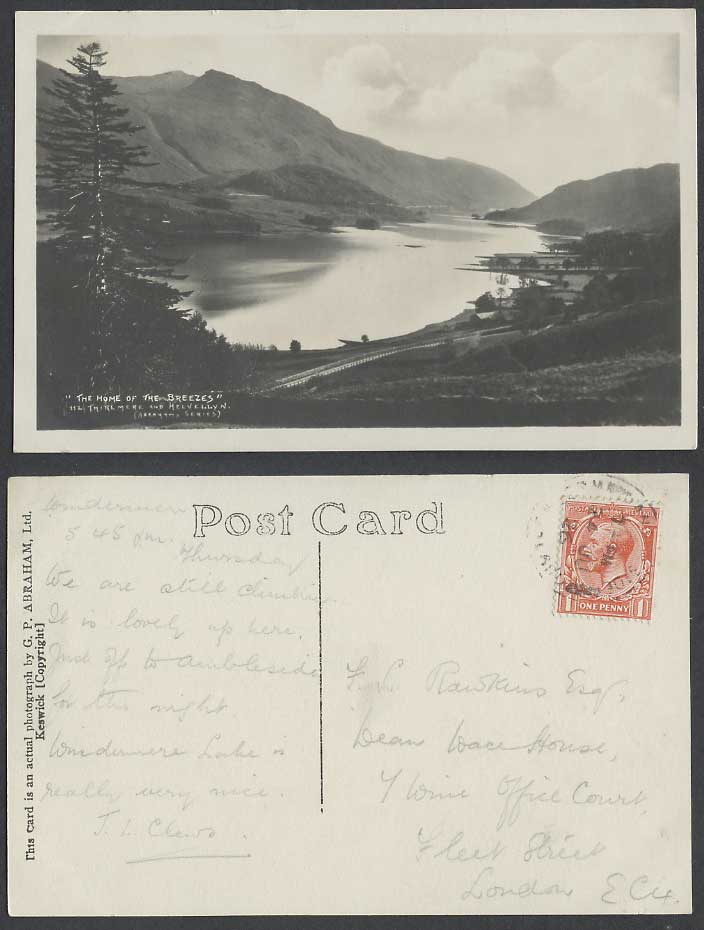 Thirlmere and Helvellyn Lake 1d 1926 Old Real Photo Postcard The Home of Breezes