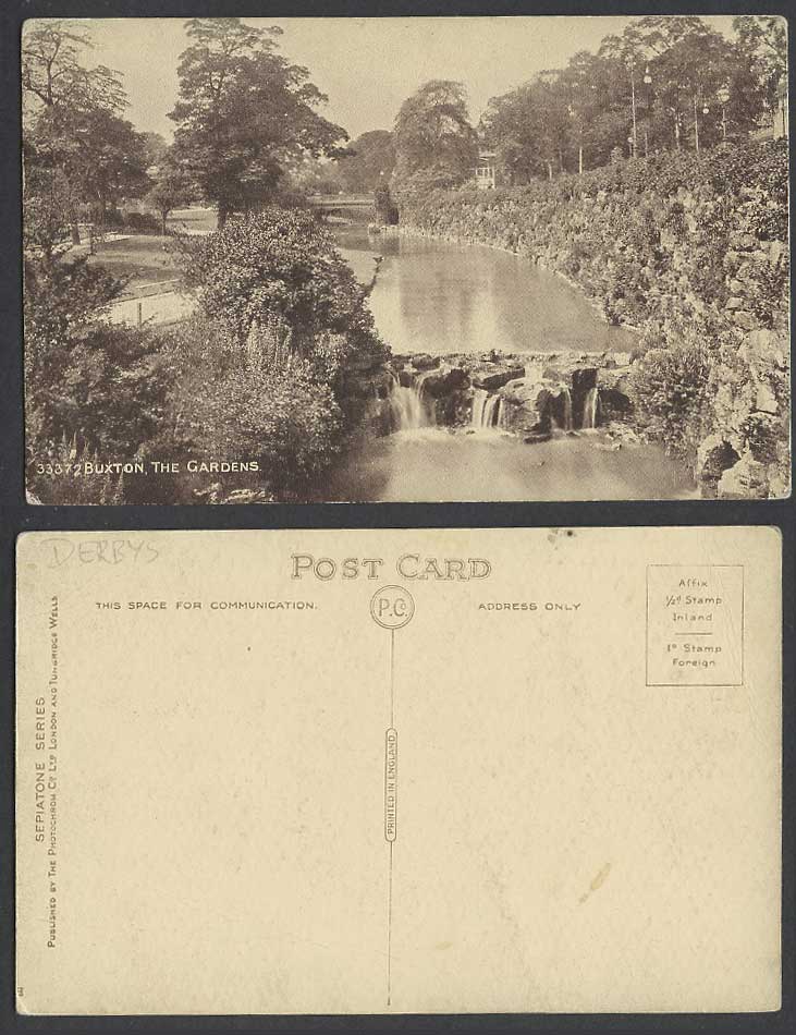 Derbyshire Buxton, The Gardens, Bridge Waterfalls Water Falls Rocks Old Postcard