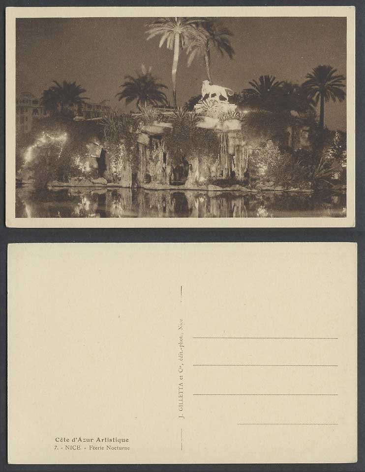 France Old Postcard NICE, Feerie Nocturne Cote d'Azur Palm Trees Statue by Night