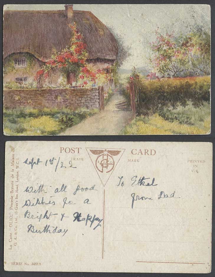 Thatched Cottage Gardens ART Olio Procede Brevete de la Maison 1922 Old Postcard