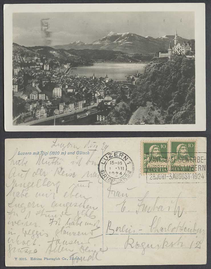 Swiss 1924 Old Real Photo Postcard Lake Luzern Lucerne, Rigi 1800m, Guetsch Mts.
