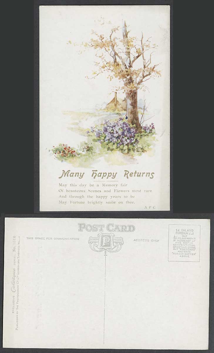 Many Happy Returns Greetings Flowers Tree May This Day Memory Fair Old Postcard