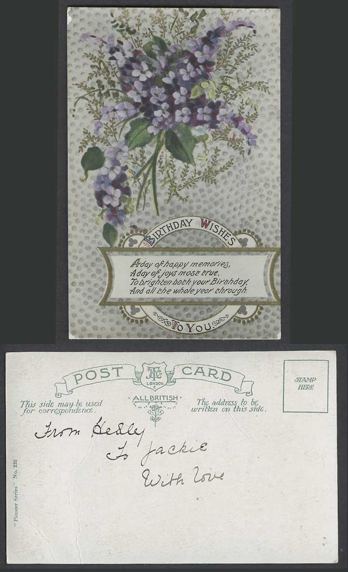 Violet Flowers Birthday Wishes To You, Greetings Old Colour Postcard Pioneer 233