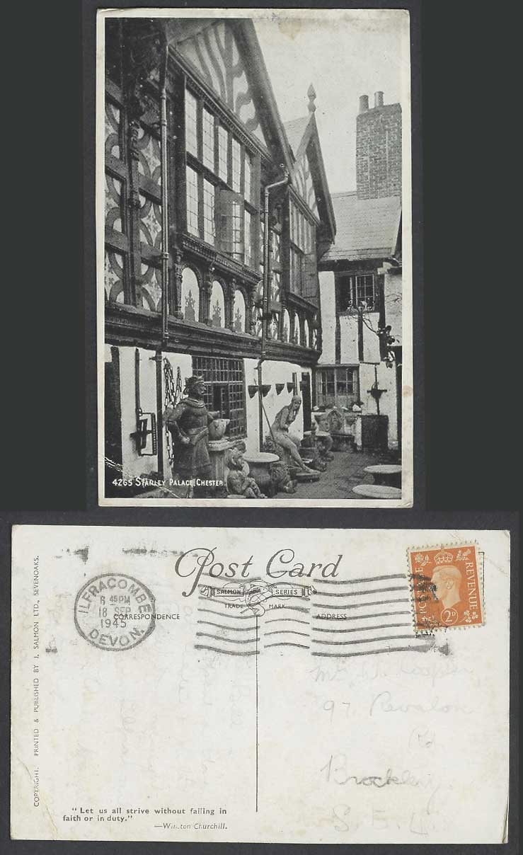 Cheshire 2d 1945 Old Postcard Chester, Stanley Palace, Statues Tudor Style House