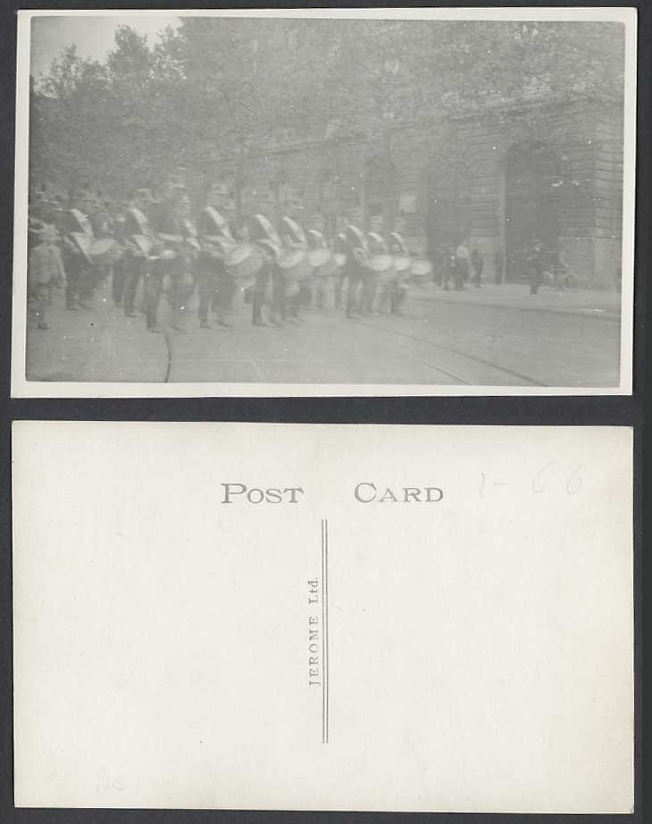 Marching Soldiers Music Band Drums Drummers Street Scene Old Real Photo Postcard