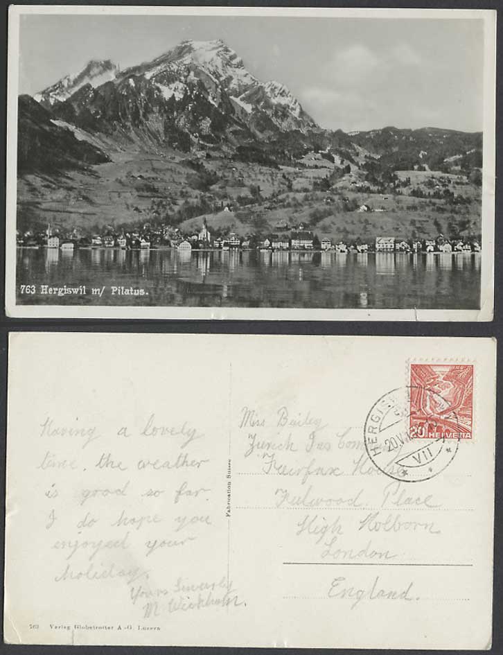 Switzerland 1938 Old Real Photo Postcard Hergiswil m/ Mount Pilatus Lake Lucerne