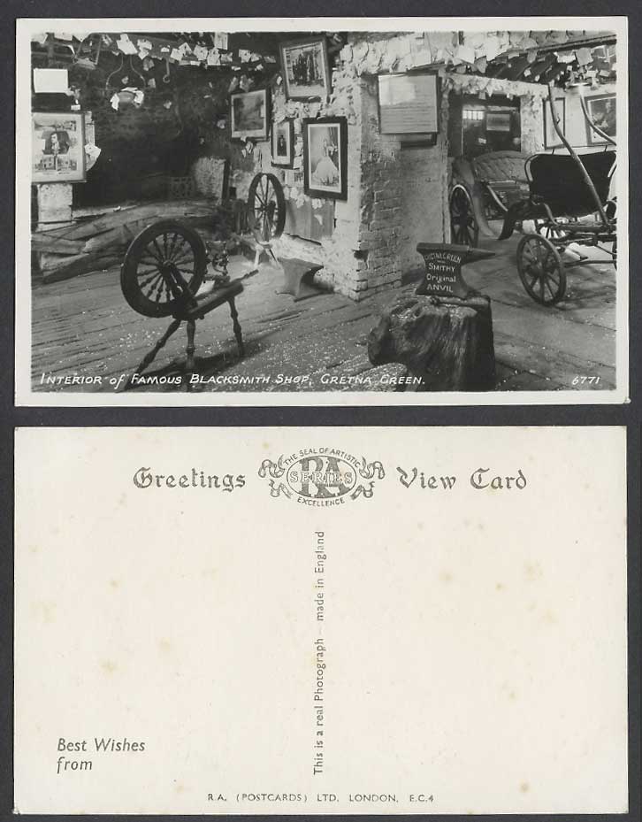Gretna Green Interior Famous Blacksmith's Shop Spinning Wheel Coach Old Postcard