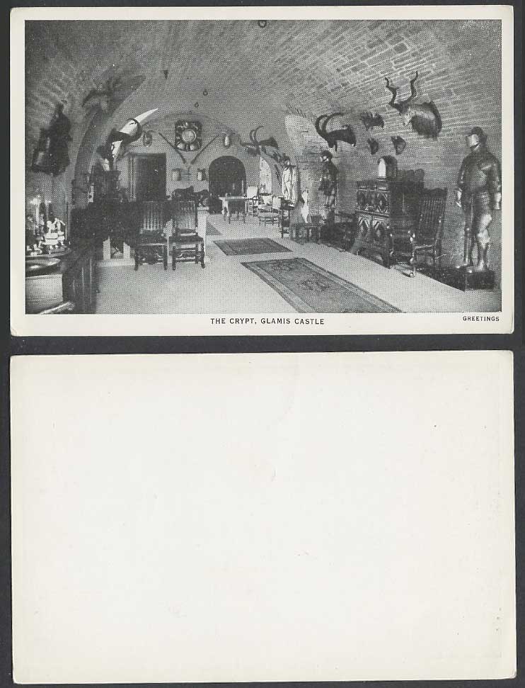 Angus Glamis Castle Interior The Crypt Armours Heads of Animals Weapons Old Card