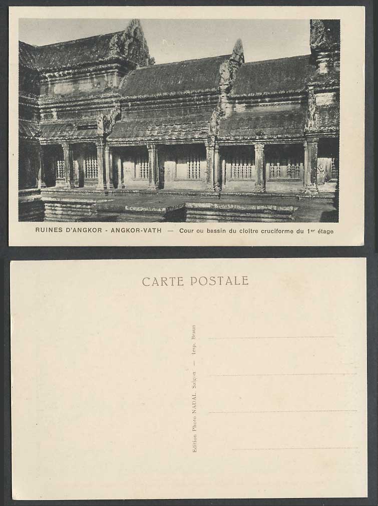 Cambodia Old Postcard Angkor-Vath Temple, Basin Court Cruciform 1st Fl. Cloister