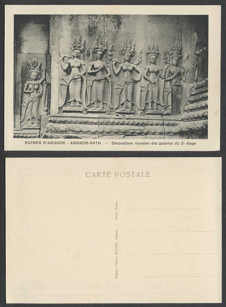Cambodia Old Postcard ANGKOR-VATH Temple Ruins, Deities Wall Carvings, 2nd Floor