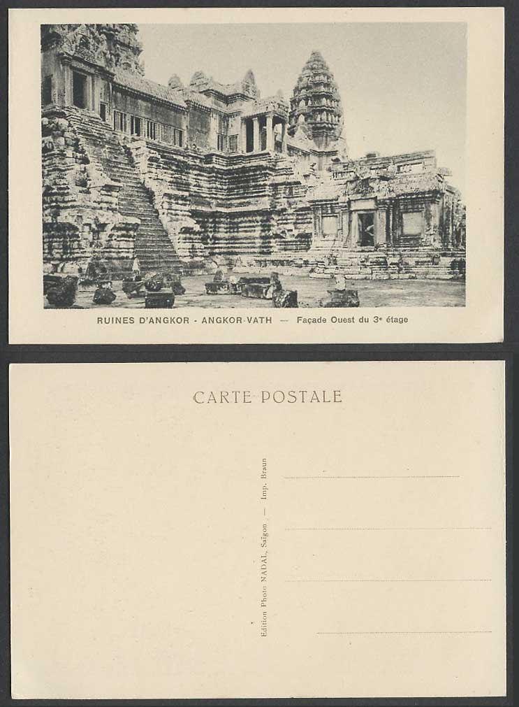 Cambodia Old Postcard ANGKOR-VATH Temple Ruins, West Ouest Facade of Third Floor
