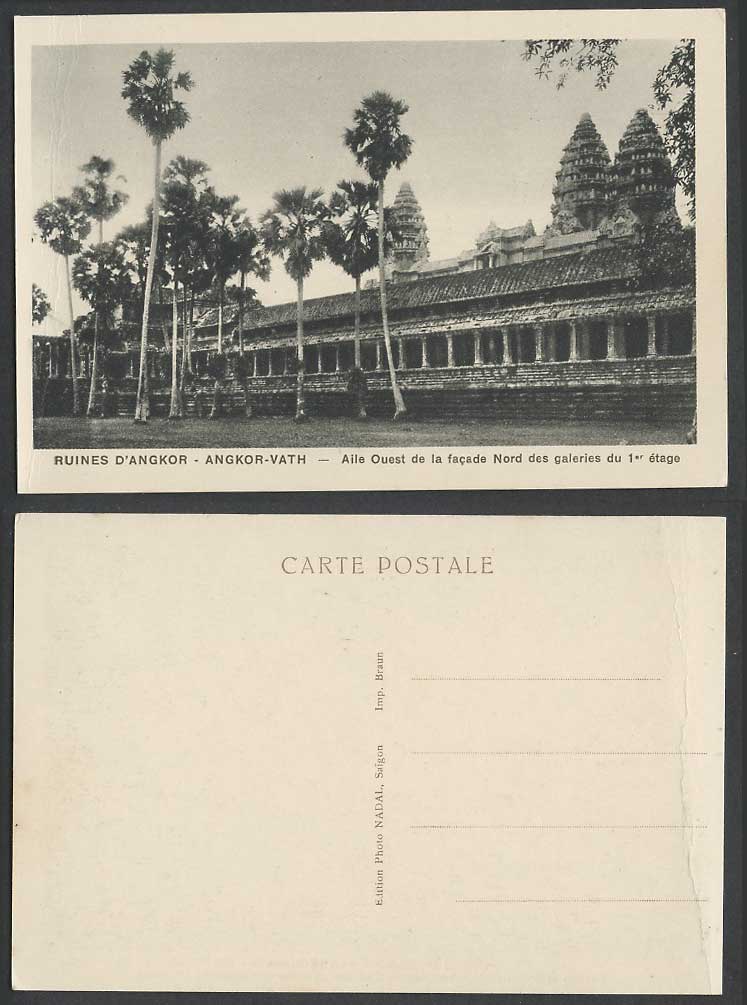 Cambodia Old Postcard ANGKOR-VATH Temple Ruins, West Wing North Facade 1st Floor